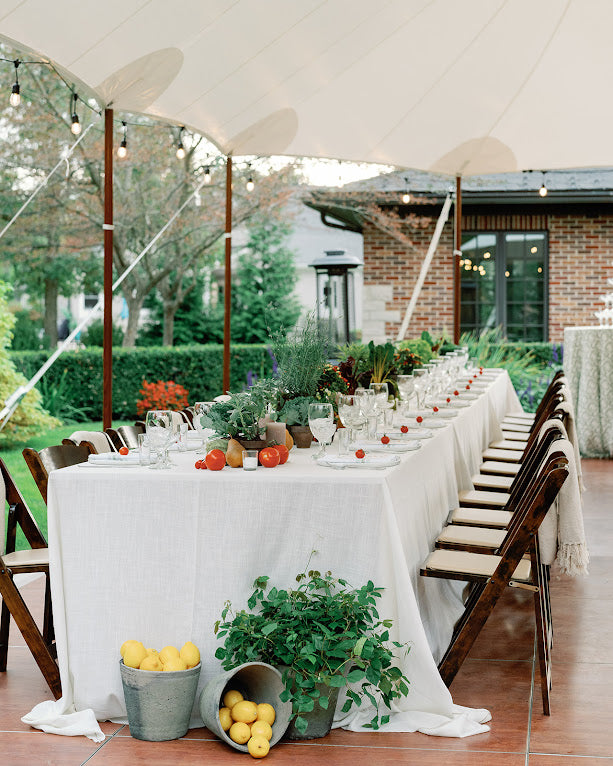 The long view of the table set up for Liz and Elliots engagement party by TTVR Holland, MI